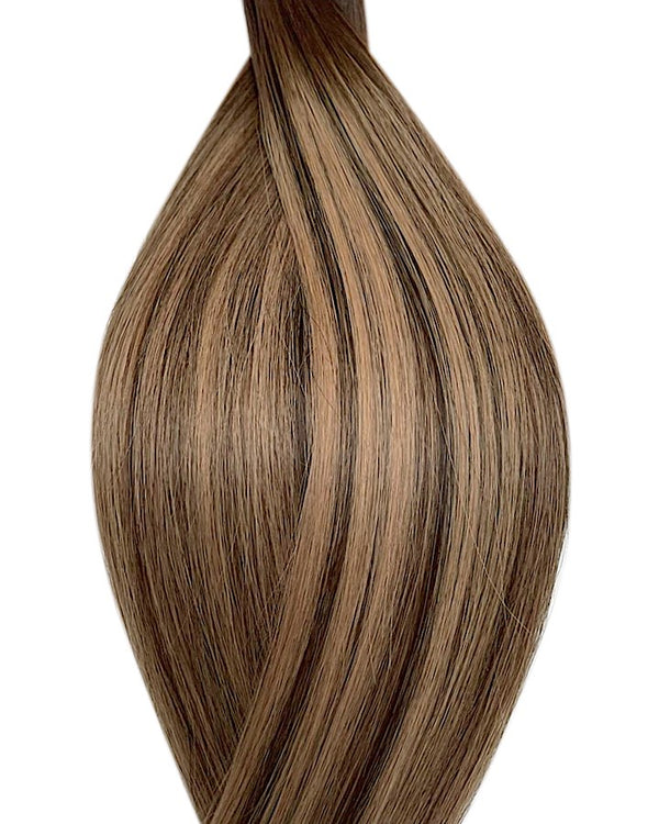 Human pre-bonded hair extensions UK available in #T2P2/14 balayage dark brown dark blonde mix Hazelnut Latte