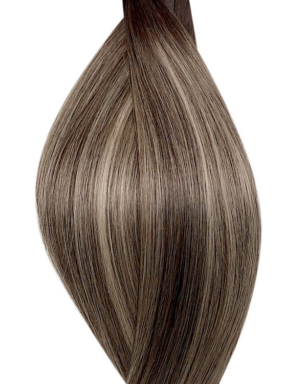 Human micro ring hair extensions UK available in #T2P2/60B balayage dark brown platinum ash blonde mix iced espresso