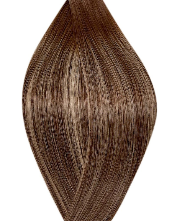 Human micro ring hair extensions UK available in #T4P4/22 balayage medium brown light ash blonde mix morning coffee