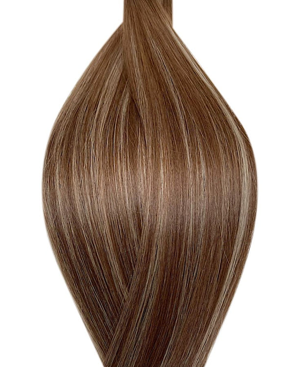 Human micro ring hair extensions UK available in #T4P4/60B balayage medium brown platinum ash blonde mix coconut latte