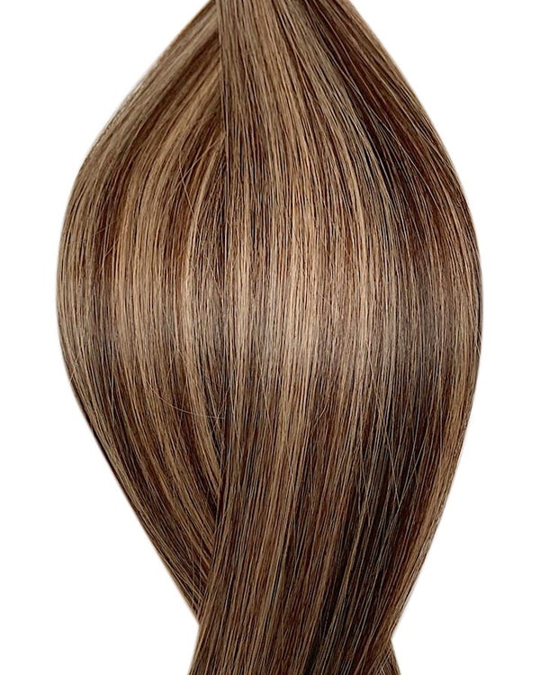 Human genius hair weave extensions UK available in #P2/14 dark brown dark blonde mix rio sunrise