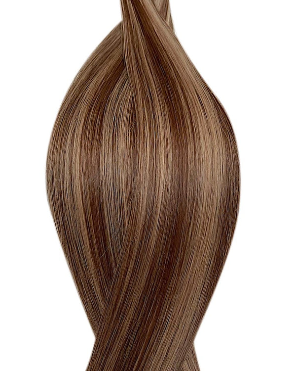 Human micro ring hair extensions UK available in #P4/14 medium brown dark blonde mix New York realness