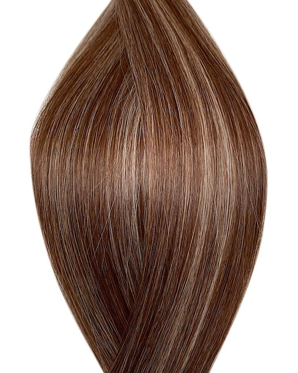 Human micro ring hair extensions UK available in #P4/60B medium brown platinum ash blonde mix Lisbon lush