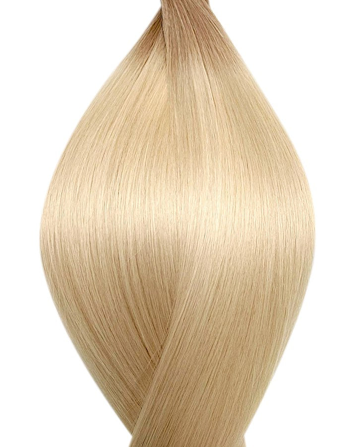 Human micro ring hair extensions UK available in #T18/60 root stretch dark ash blonde platinum blonde chai frappe