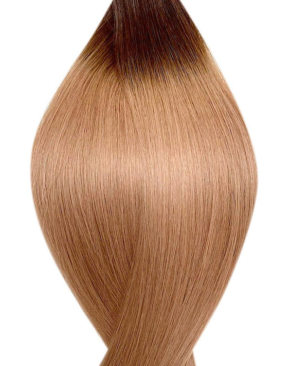 Human pre-bonded hair extensions UK available in #T2/14 root stretch dark brown dark blonde chai latte