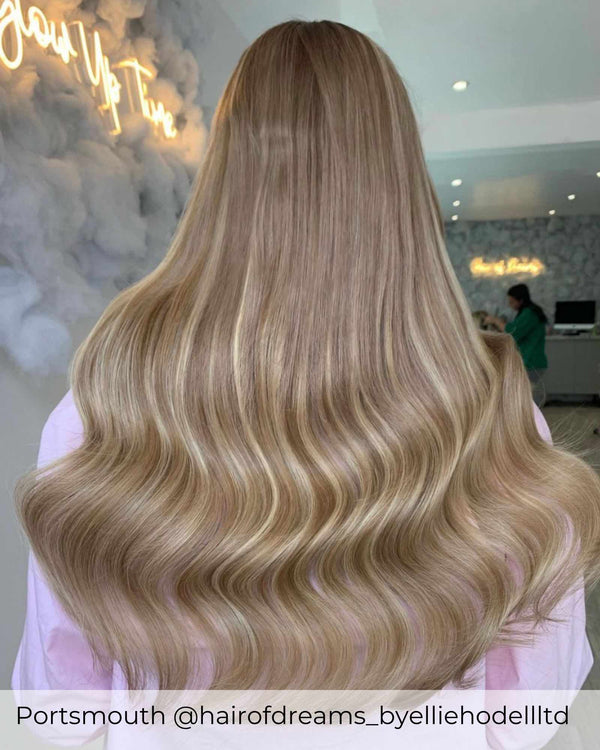 Mixed honey blonde hair extensions with ash blonde blended with ash brown to create light Balayage mix extensions by Viola 