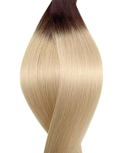 Human micro ring hair extensions UK available in #T2/60B root stretch dark brown platinum ash blonde espresso martini